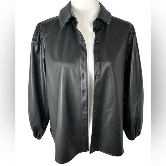 BCBGeneration Black Faux Leather Button Front Shirt - Picture 3 of 10